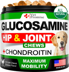 Vet Promise glucosamina para articulaciones de perro, gomitas que apoyan movilidad diaria.
