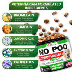 Vet Promise No Poo Chews, etiqueta con probióticos y enzimas para digestión diaria.