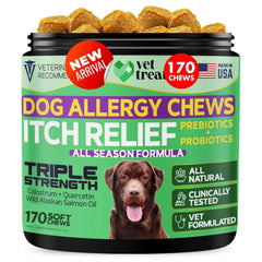 Envase de Vet Treat masticables para alergias en perros, opción sabrosa.