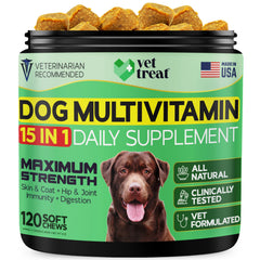 Empaque Vet Treat Multivitamin para perros, 120 masticables para uso diario.