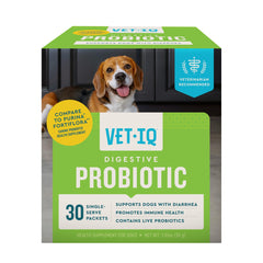 VetIQ digestive probiotic for dogs single-serve packet sprinkles onto meals for gut balance.