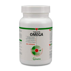 Vetoquinol Triglyceride Omega para Perros: botella con cápsulas para piel saludable.