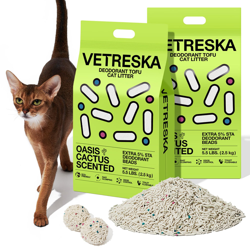 Vetreska arena de tofu para gatos, empaque al vacío facilita almacenamiento seguro.