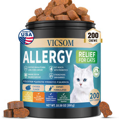 VICSOM gomas para gatos, gomitas sabrosas, alivio suave diario de alergia.