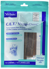 Empaque de Virbac C.E.T. VeggieDent, masticables dentales para cuidado bucal diario.