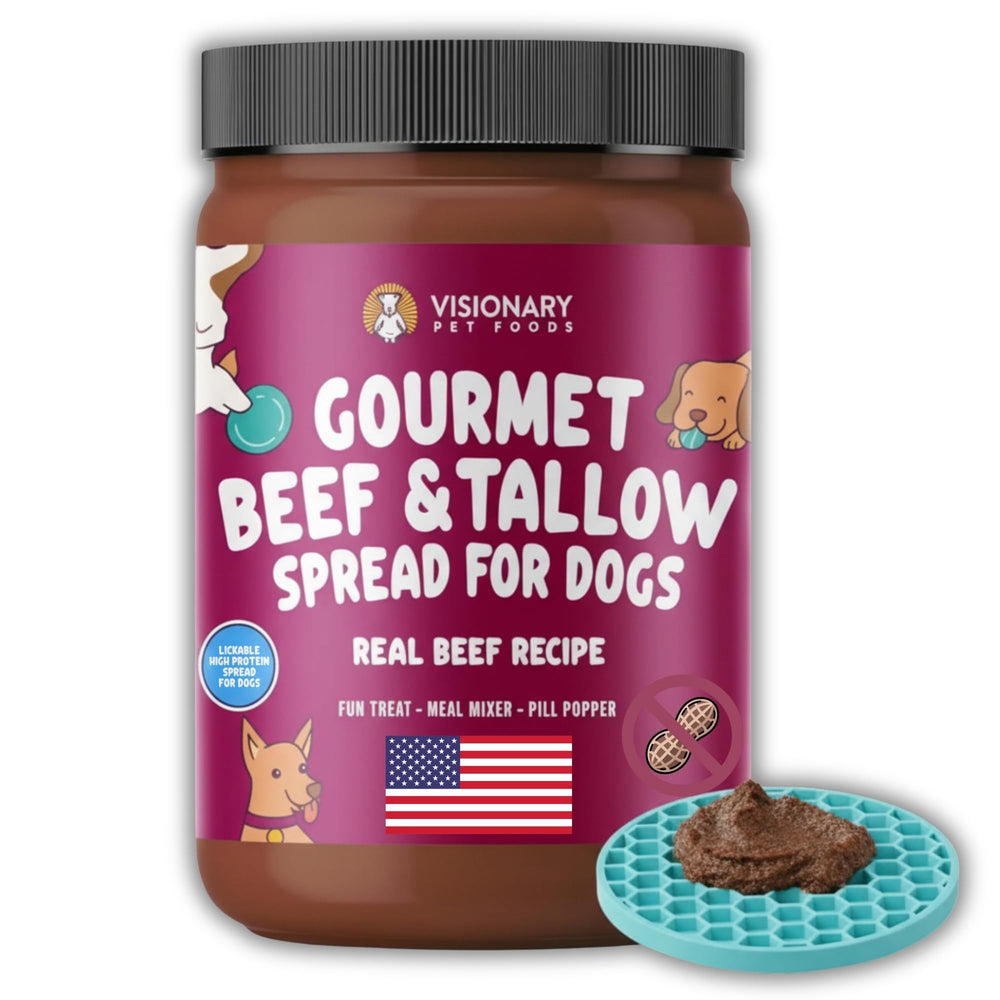 Visionary Pet Foods Meat Spread en lata 12oz, relleno para superficies de lamido y sesión de juego.