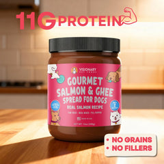 Visionary Pet Foods Salmon Meat Spread en etiqueta frontal, fácil de identificar para uso rápido como topping
