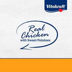 Vitakraft Meaty Morsels bag highlights over 70% real meat and potato flavor.