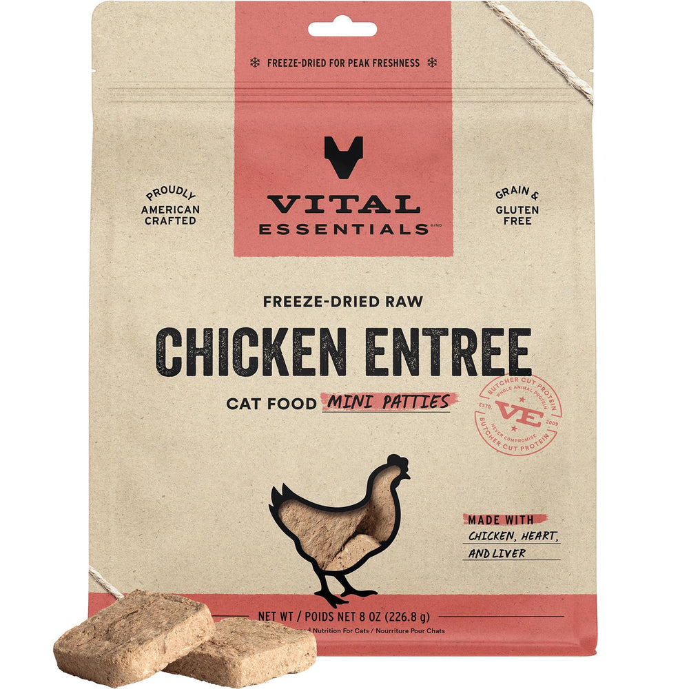 Vital Essentials liofilizado patitas pollo mini: proteína premium para gatos activos.