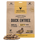 Vital Essentials liofilizado de pato, mordiscos suaves, snack proteico para gatos.