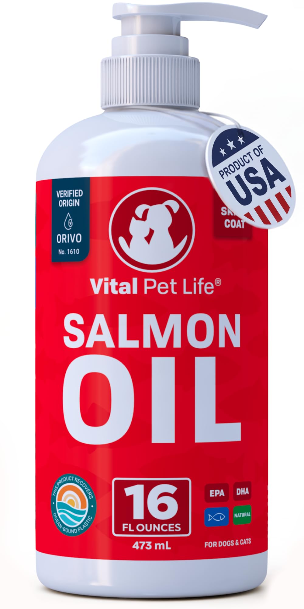 Vital Pet Life aceite de salmón, botella para piel sana y pelaje suave.