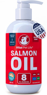 Vital Pet Life Salmon Oil, botella derramando, ideal para mejorar la salud de la piel y el pelaje