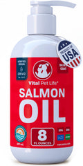 Vital Pet Life Salmon Oil, botella derramando, ideal para mejorar la salud de la piel y el pelaje