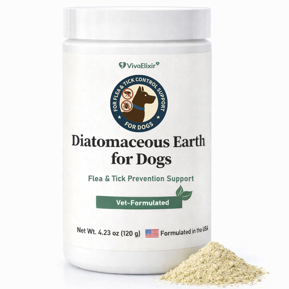 VivaElixir diatomita para perros en botella, listo para uso seguro.