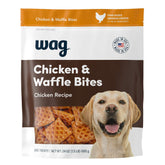 WAG Chicken and Waffle Bites bag shown with reseal feature for freshness