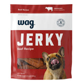 WAG tiras de jerky de res blandas para perro, fáciles de masticar.
