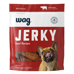 WAG tiras de jerky de res blandas para perro, fáciles de masticar.