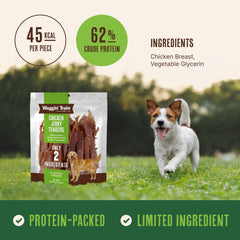 Waggin' Train ingredientes simples: pollo y glicerina, snack ligero para perros.