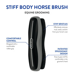 Cepillo Wahl para caballo, diseño ergonómico con agarre de goma para cuidador.