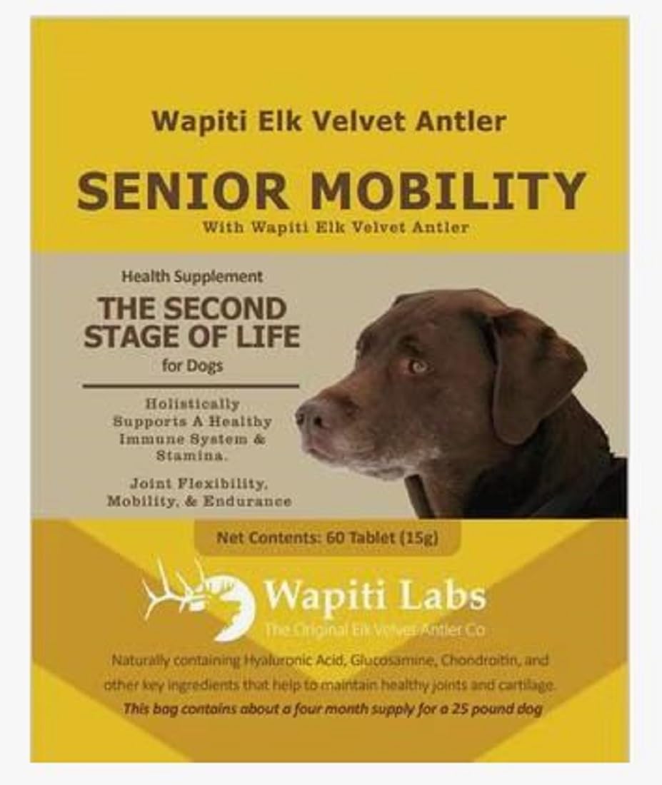 Wapiti Labs tabletas movilidad para perros, vista frontal de la botella, apoyo a la movilidad.