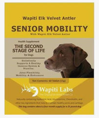 Wapiti Labs tabletas movilidad para perros, vista frontal de la botella, apoyo a la movilidad.