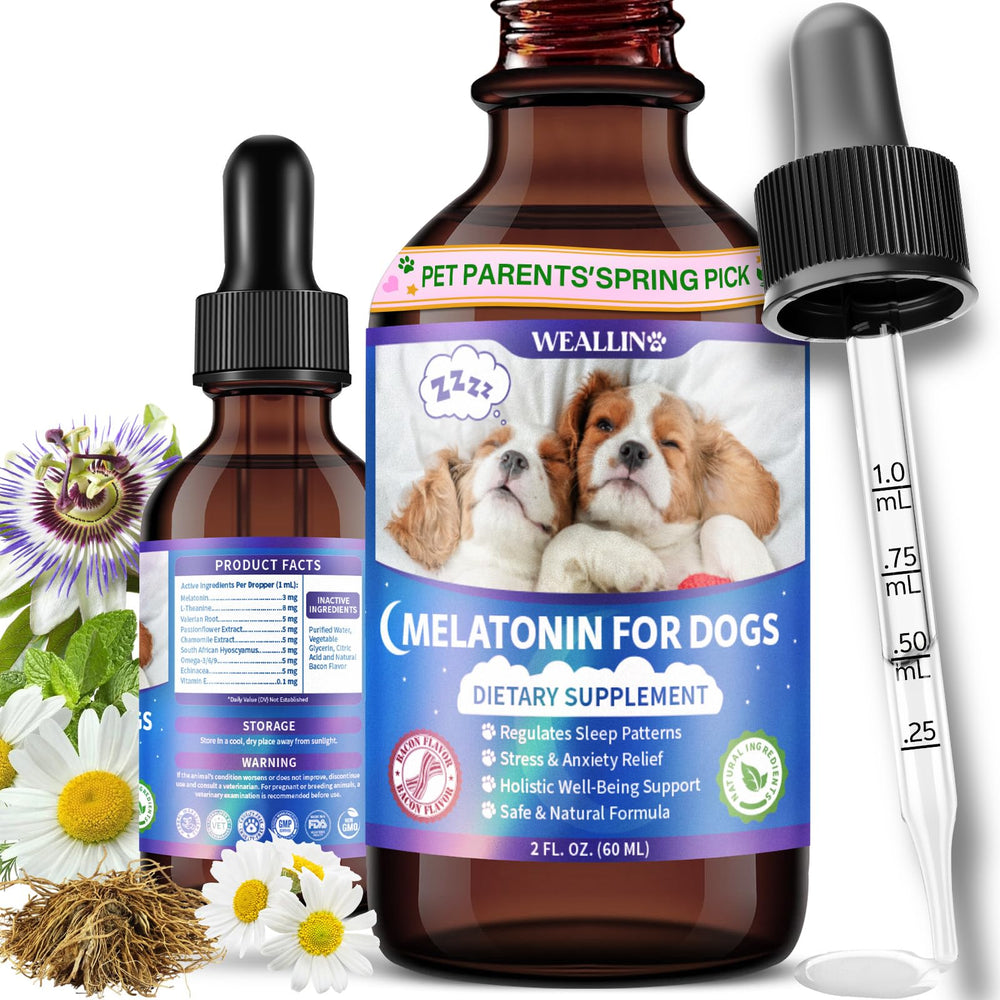 WEALLIN Melatonina para perros, botella sabor tocino, apoyo para dormir mejor.