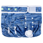 Pañales lavables Wegreeco para perro femenino en color azul vaquero, ajuste cómodo para uso diario.