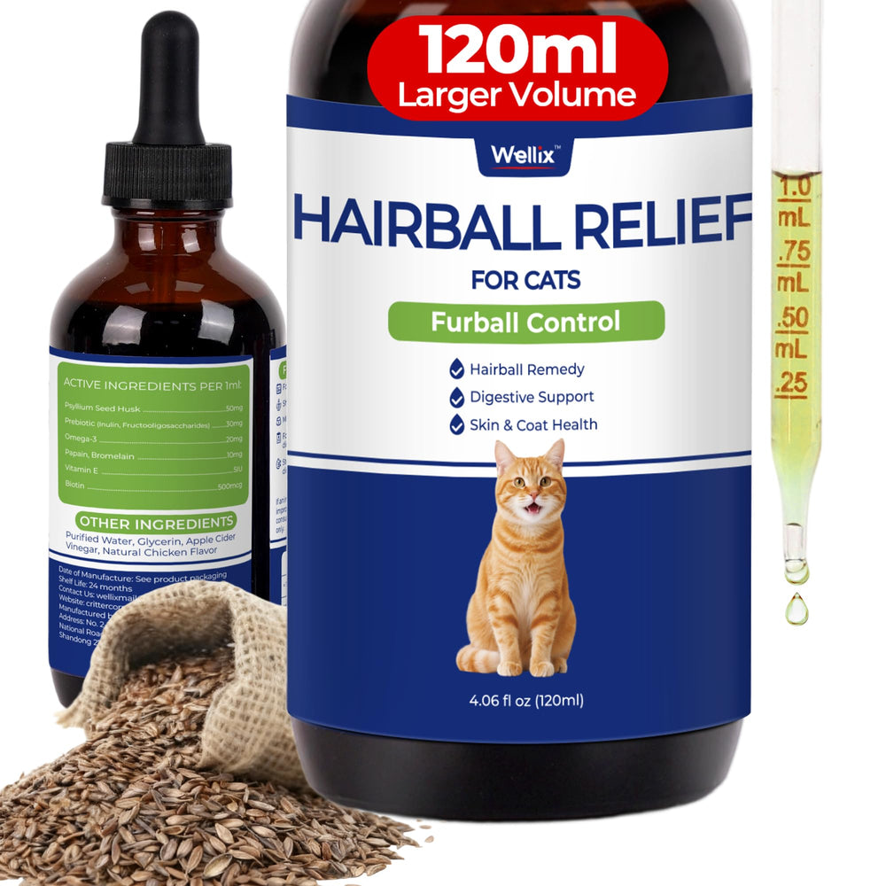 Wellix gotas, frasco visible, control de bolas de pelo en gatos.