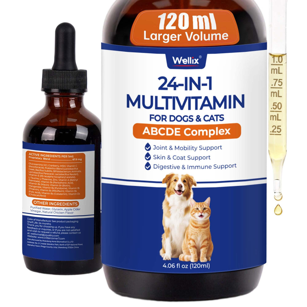 Wellix suplemento líquido 24 en 1, bote para dosis diaria de mascotas.
