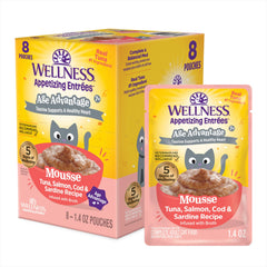 Wellness Appetizing Entrées Age Advantage mousse con atún en bolsita para gatos adultos.