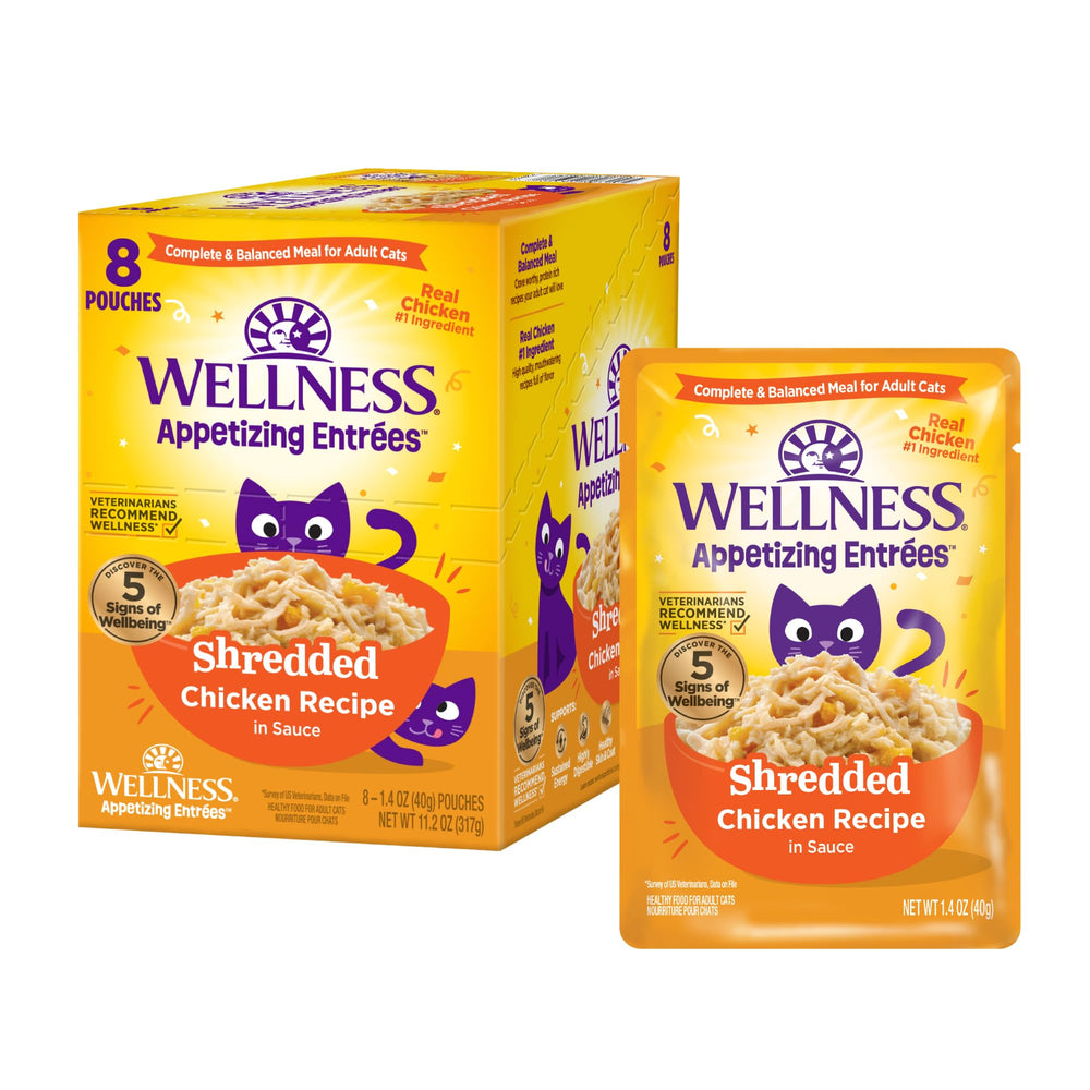 Wellness Appetizing Entrées bolsa pollo desmenuzado, fuente proteica para gatos adultos.
