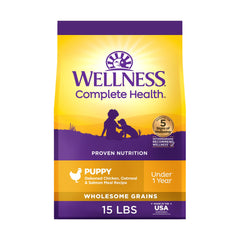 Wellness Salud Completa para cachorros, bolsa de alimento, almacenamiento práctico.
