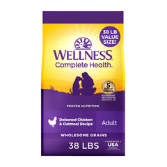 Wellness Complete Health croquetas de pollo y avena para la salud diaria del perro.