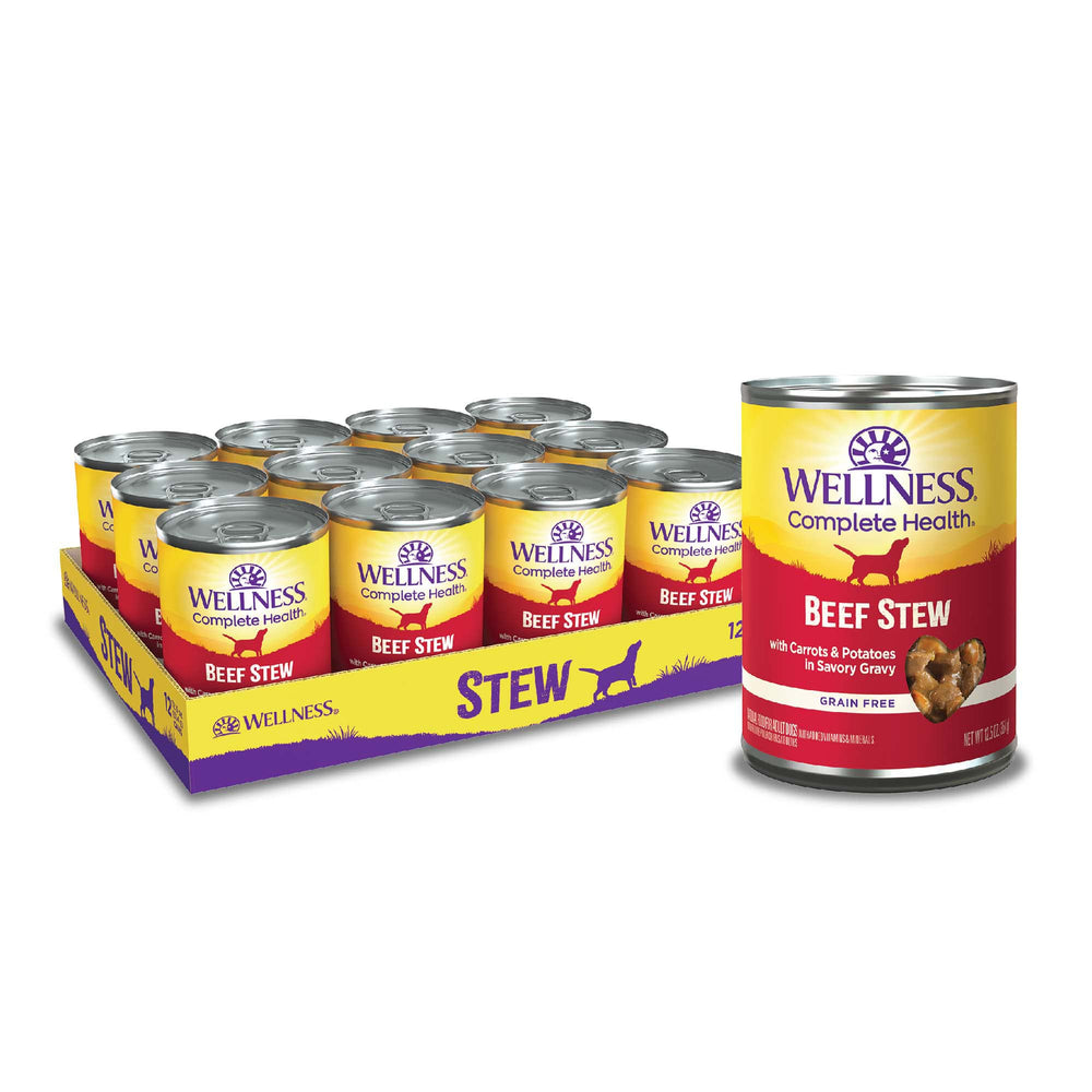 Wellness completo sin cereal para perros, guiso de res en lata, ideal como comida diaria