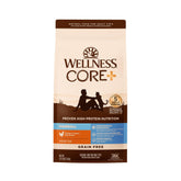 Wellness CORE+ Alimento seco para gatos, paquete visible, sin granos para reducción de bolas de pelo.