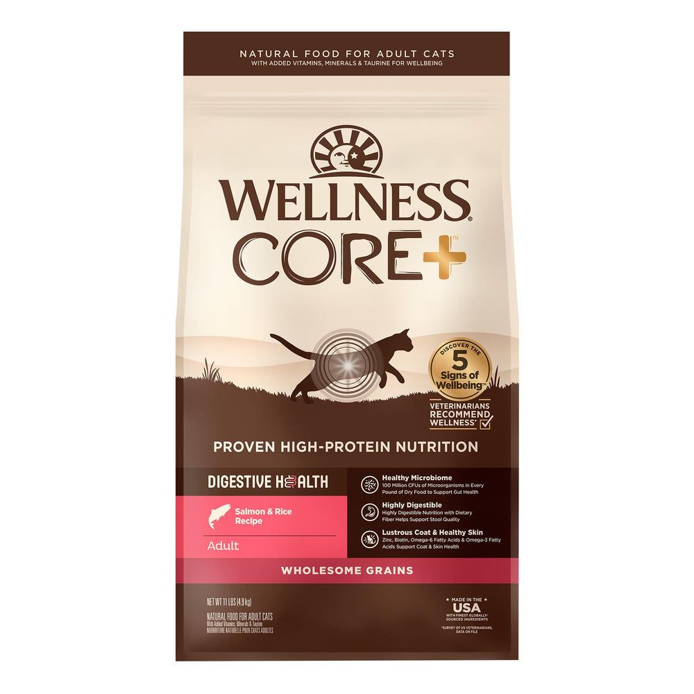 Wellness CORE+ empaque de alimento seco para gatos, fácil de almacenar.