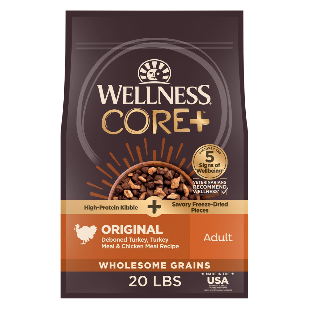 Wellness CORE+ alimento seco para perros, receta original de pavo y pollo, sabor atractivo.