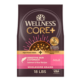 Wellness CORE+ croquetas secas con salmón y arroz para nutrición equilibrada.