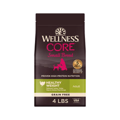 Wellness CORE seco para razas pequeñas, primer plano de croquetas, alta proteína para dieta equilibrada.