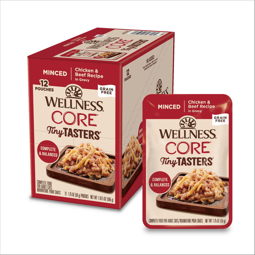 Wellness CORE Tiny Tasters, bolsa-individual con pollo y ternera picados, porción diaria fácil.