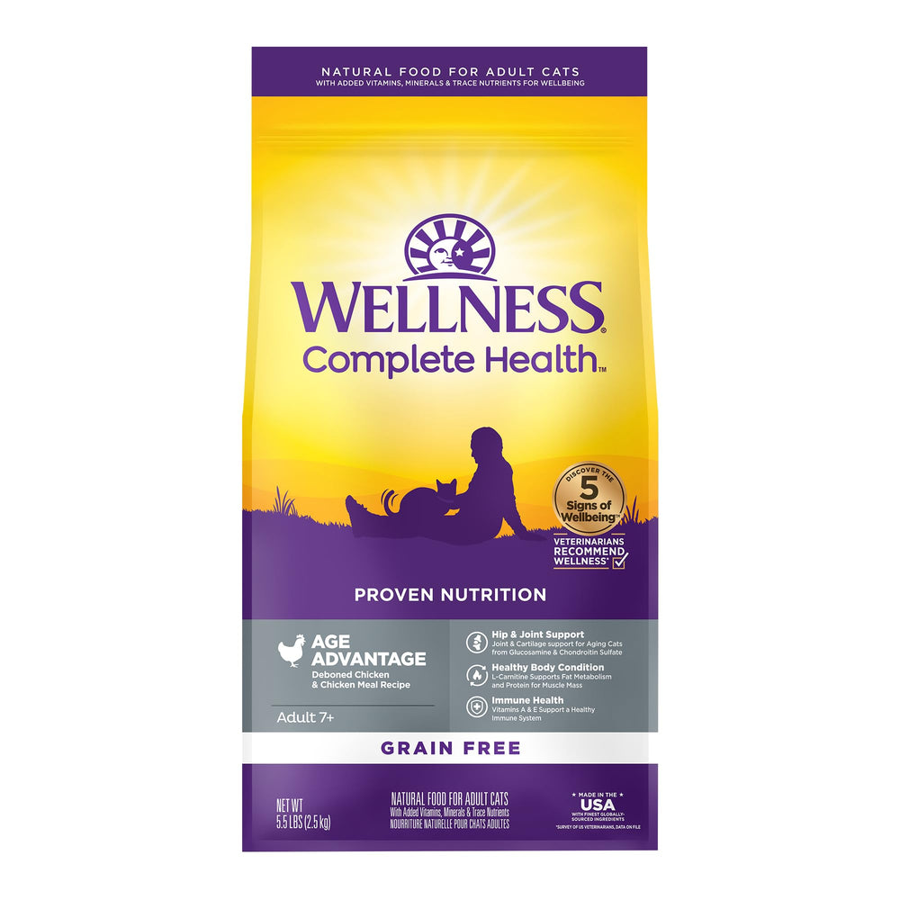 Wellness gato anciano, envase de 5 libras, alimentación diaria conveniente.