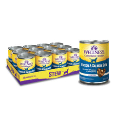 Wellness lata estofado ciervo-salmon para perro, comida completa y sabrosa.