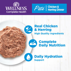 Wellness Paté con arenque para gatos, fuente de ácidos grasos esenciales.