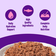 Wellness Pate Senior, textura suave, sabor atún y salmón para deleite felino.