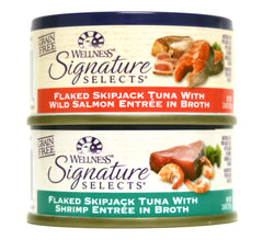 Wellness Signature Selects, lata de salmón y camarones, alimento húmedo de calidad para gatos.
