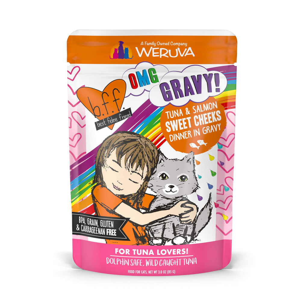 Weruva B.F.F. OMG en empaque de tres onzas, listo para alimentar al gato.