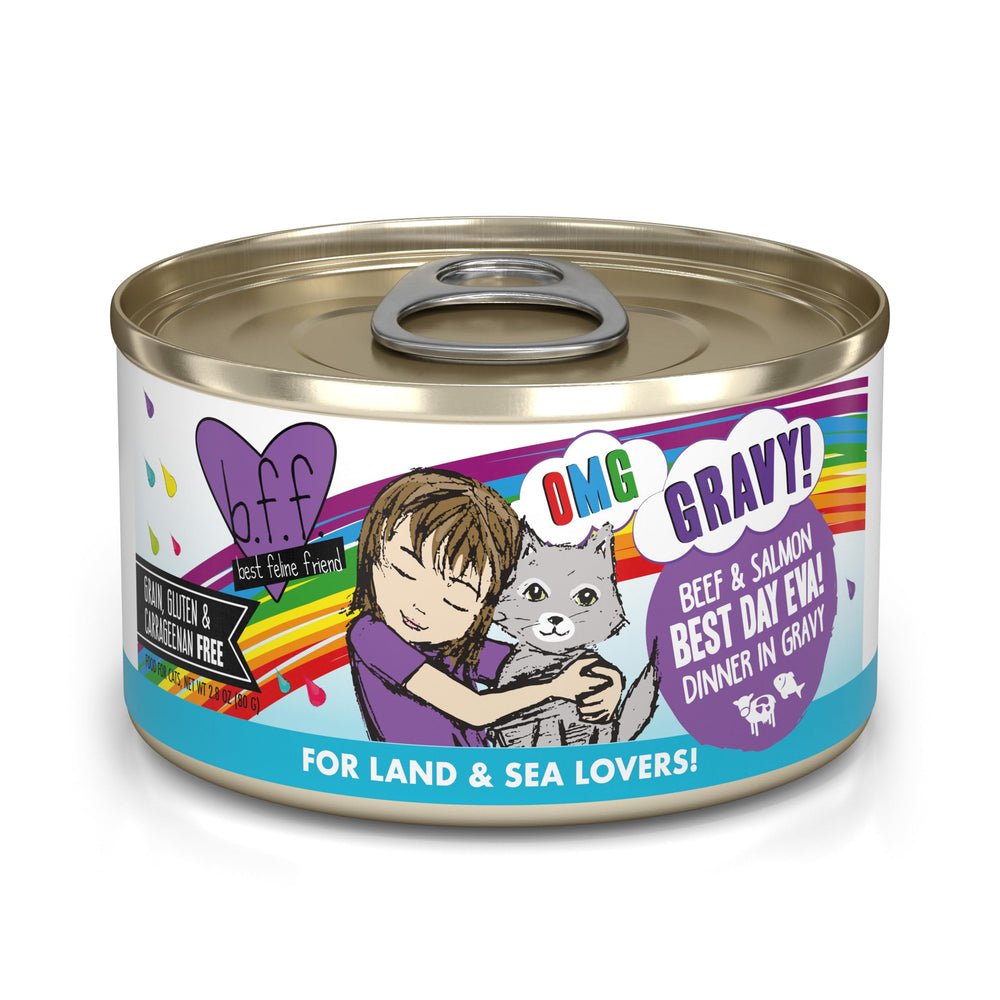 Weruva BFF OMG en salsa: lata con carne y salmón para gatos satisfechos.