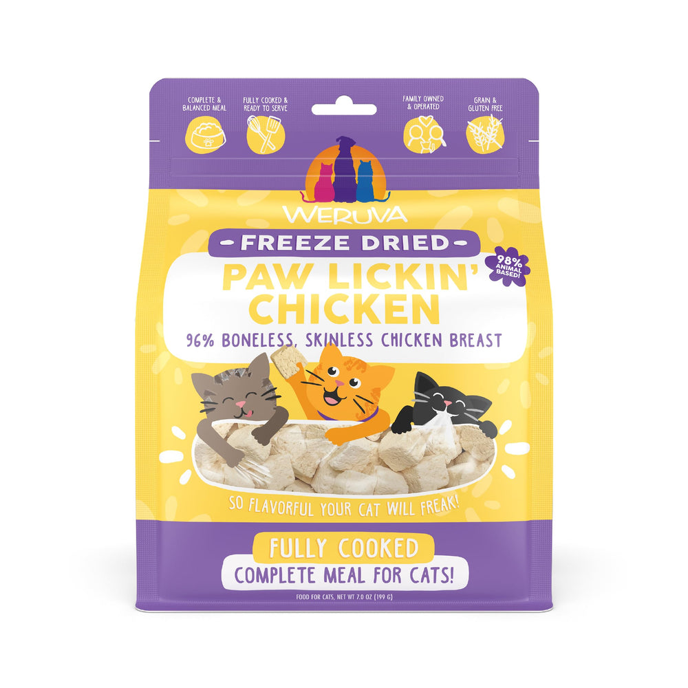 Weruva Cat Freeze Dried Paw Lickin' Chicken, cubos listos para comer, snack diario para gatos.