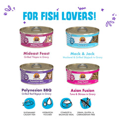 Weruva Frisky Fishin' Friends Asian Fusion, lata 5.5 oz, sabor exótico para paladares selectos.
