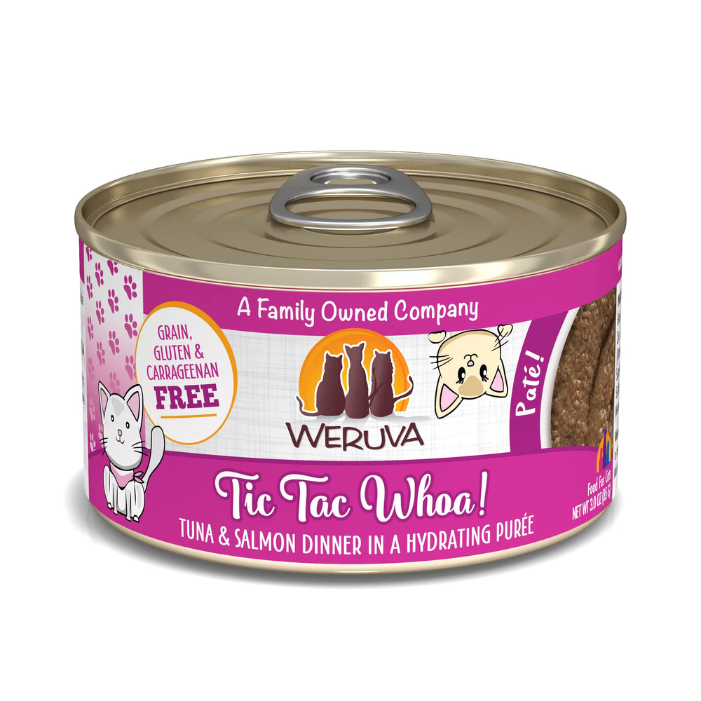 Weruva Tic Tac Whoa pate atún-salmón en lata, textura cremosa para ingesta fácil.